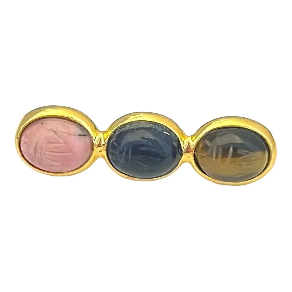 Vintage 1970s Scarab Brooch Onyx Jasper Tiger Eye Gold Tone Egyptian Revival- 5T
